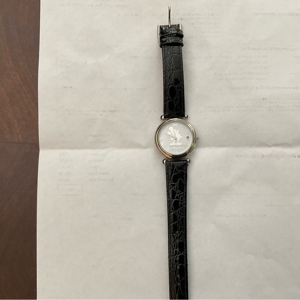 Mickey Mouse Black Leather Strap Watch with Mickey Mouse face